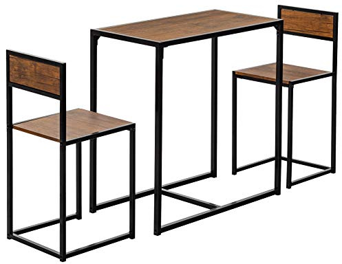 Harbour Housewares Industrial Breakfast Bar - 2 Seater Small Dining Table and Chairs Set Brown Wooden Compact Table with Bar Stools Steel Framed Bistro Furniture