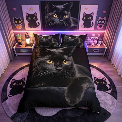 Loussiesd Set de ropa de cama con diseño de gatos de mascota, funda de edredón con patrón de gatitos bonitos, individual, para niños, ligero, microfibra, ropa de cama con decoración misteriosa de gato
