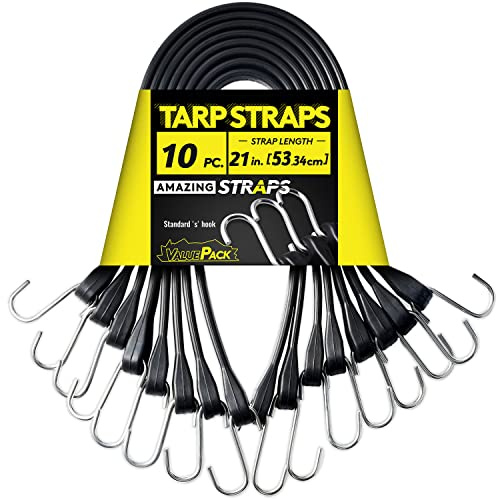 Rubber Bungee Cords Heavy Duty Outdoor with 1.8X Max Stretch & Over 176 lbs Load, 100% EPDM Black Bungee Straps with Standard S Hooks for Cargo, Tarps, Van, Truck, Motorcycle, Weatherproof (10 Pack)