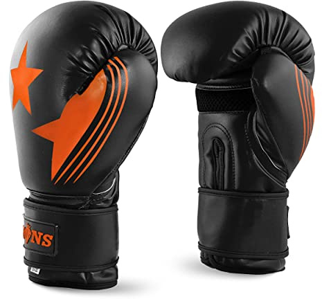 Lions Boxing Gloves MMA Punch Bag Training Mitts 6oz, 8oz, 10oz, 14oz, 16oz, Black, Pink, Red (Orange Star, 10 oz)