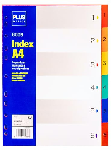 Plus Office A4 Numeric Dividers for Binder, Numeric Index for Folder, Folder and Binder 2 to 4 Rings, Ideal Dividers for Office and School (6 Positions)