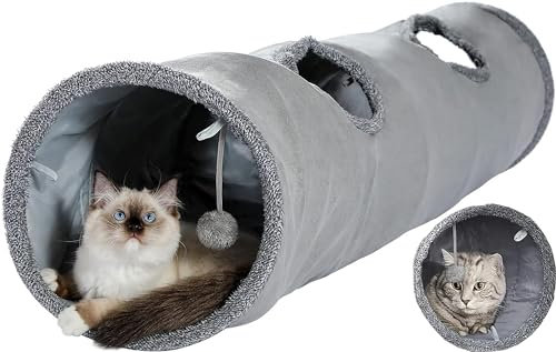 Katzentunnel, Katzenspielzeug für Indoor-Katzen, 109 x 15,2 cm, zusammenklappbarer großer Katzentunnel, 4-Wege-Bewegungs-Katzentunnel mit interaktivem Ball, Indoor- und Outdoor-Spielzeug für Kätzchen,