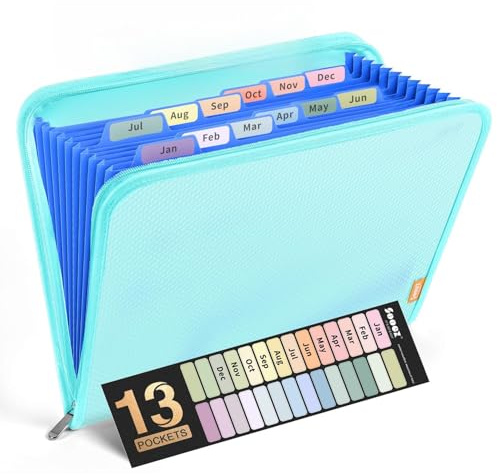 Sooez 13 Pocket Accordion File Organizer, Zipper Expanding File Folder Organizer, Reinforced Plastic Accordion Folder, A4 Letter Size, Portable Folders for Documents, SkyBlue