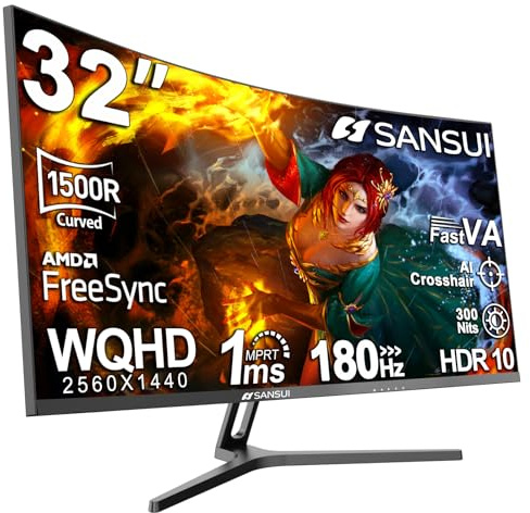 SANSUI 32-Inch Curved Gaming Monitor WQHD 2560 x 1440 180Hz Curved 1500R -Fast VA,1ms(OD), HDR, 300nits, sRGB 125%, DCI-P3 95%, FreeSync, HDMI x2, DP1.4x2(DP Cable Included)