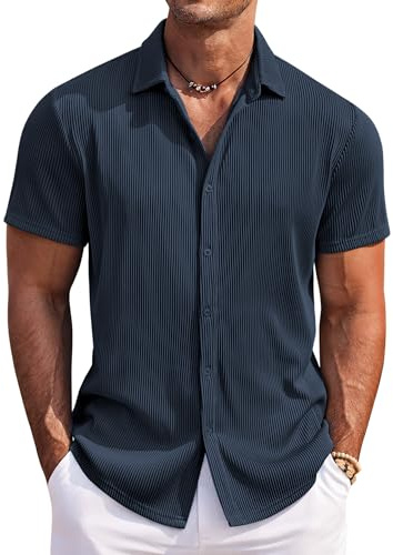 COOFANDY Herr kortärmad skjorta stretch casual button-down texturerade skjortor normal passform sommar strand topp semester