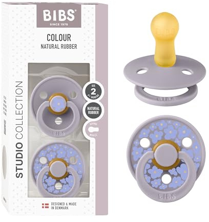 BIBS Colour Studio Soother 2-Pack, BPA Free Dummy Pacifier, Round Nipple. Natural Rubber Latex, Made in Denmark, Size 2 (6-18 Months), Jasmine Fossil Grey