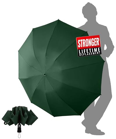 Chakipee Paraguas Plegable Antiviento Hombres - Automático Portátil Compacto de Viaje, Paraguas Invertido Verde Resistente Viento, Tejido 210T Abarca 105cm Grande de 10 Varillas