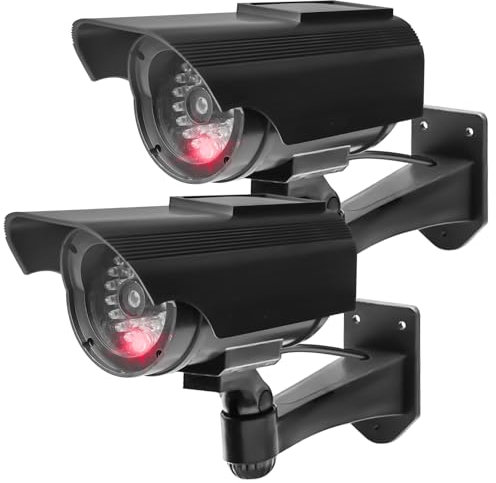 2 Stück Kamera Attrappe, Solar Betriebene Simulierte Dummy Surveillance Sicherheit Kamera, Überwachungskamera Attrappe mit Blinkender LED, Kamera Atrappe für den Innen-und Außenbereich, Schwarz