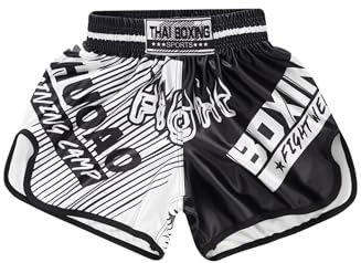 Fasheepfa Short de boxe Muay Thai pour enfants, MMA, entraînement, combat, lutte, lutte, arts martiaux, kickboxing, blanc/noir, 9-10 ans