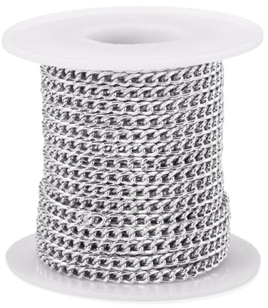 Boutigem Catene a maglia barbazzale in alluminio da 10 m, 5 x 3,5 x 1 mm, con rocchetto, per fai da te, creazione di gioielli, abbigliamento, decorazioni, uomini e donne, platino
