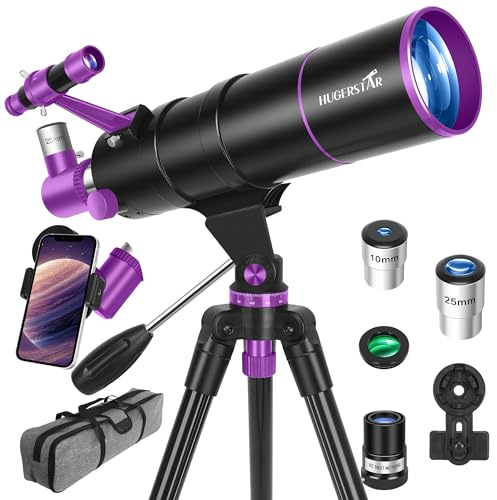 HUGERESTAR Teleskop Astronomie Profi für Erwachsene, 90/550mm Astronomisches Refraktor Teleskope für Kinder & Anfänger, Tragbares Reiseteleskop mit Stativ, Handyhalterung, Mondfilter & Tragetasche