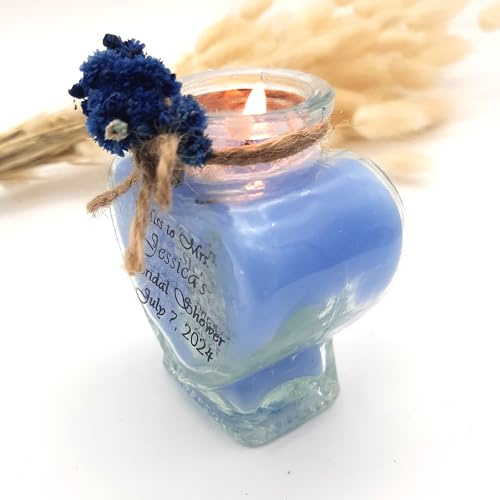 Bomboniere per ospiti all'ingrosso, set di candele in vetro a forma di cuore per feste con adesivo personalizzato e fiori secchi per addio al nubilato, regali per baby shower (Blu, Set di 30)