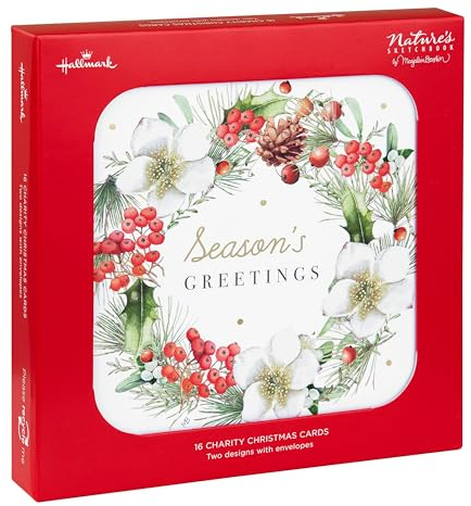 Hallmark Charity Christmas Cards, 16-Pack, 2 Marjolein Bastin Designs | Features Natures Sketchbook Artwork, Gold Foil Details, Red Envelopes, 16cm by 16cm, Fully Recyclable