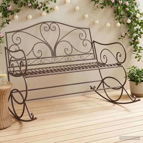 sephironlbb Banc de jardin en acier marron vieilli - 112 x 96 x 89 cm - Pour 2 personnes - Avec fonction bascule - Chaise de jardin résistante aux intempéries - Pour balcon, terrasse et jardin