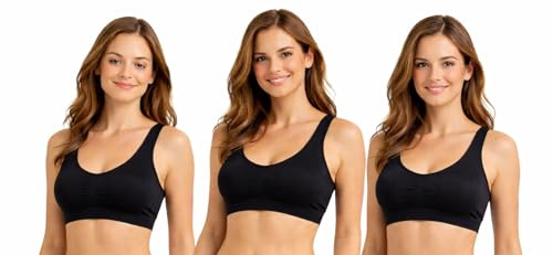 UtopyaUK 3 Pack Padded Comfort Bras for Women and Teens - Seamless Wireless Crop Top Bralette - Soft Stretch Pull On Lounge Bra - Breathable, Wide Straps & Removable Pads for Sleep, Yoga & Sports