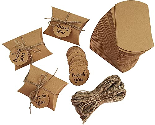 Cajas de Regalo Pequeñas，100 Pcs Caja de dulces de papel kraft Caja de almohada de regalo con Cuerda de yute，para Boda Cumpleaños Fiesta de Navidad