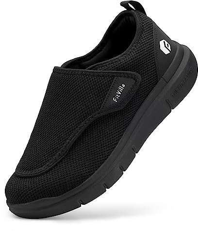 FitVille Diabetiker Schuhe Herren Extra Weit Gesundheitsschuhe Herren mit Klettverschluss Einstellbar Walking Schuhe für Geschwollene Füße Schwarz 43 EU Weit