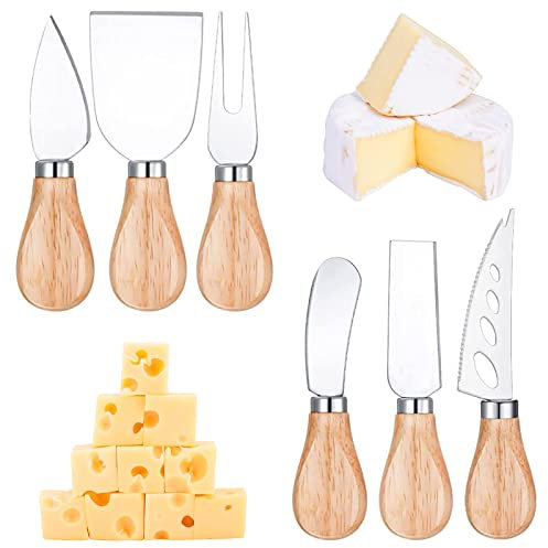 iTGOOS 6 Pieces Cheese Knife Gift Set Cheese Knives Set Stainless Steel Cheese Knife Cheese Fork Cheese Shovel with Oak Handle for Family Gathering Party Halloween Christmas