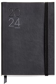 Miquelrius - Årlig dagordning 2024, Veckovis Horisontell Vy, Journal Storlek 122 x 168 mm, Flexibelt lock läder sytt, Spanska, Engelska och Portugisiska, Svart