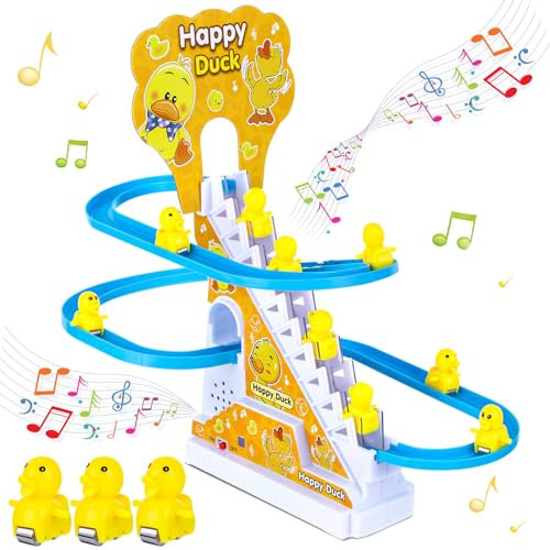 Zuimei 9Pcs Electric Duck Climbing Stairs Racer Track With LED Flashing Lights and Music, Slide Rollercoaster Set for Kids Boys Girls, Yellow