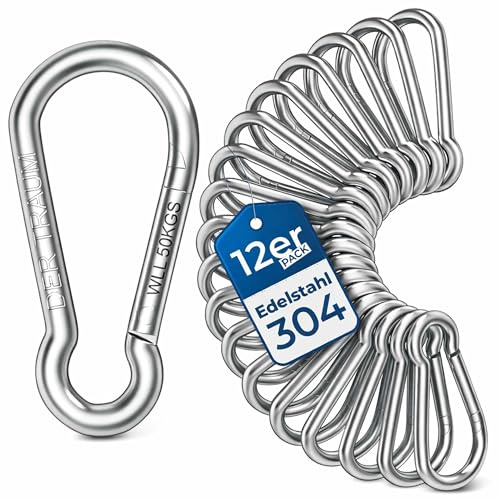 Dröm 12 stycken karbinhakar rostfritt stål, 4 x 40 mm – karbinhake med lastkapacitet på kg – perfekt för nyckelringar, camping, vandring, resor, fiske, ryggsäck (silver)
