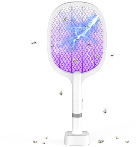 YOUBST Raquette Electrique Insectes 5000V, 1800 mAh Extra puissante Tapette à Mouches électrique avec Base de Recharge USB C, 2 en 1 Tapette à Mouches électrique pour moustiques, Mouches, Abeilles