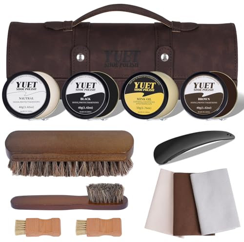 YUET Shoe Polish Kit Cleaning Shine Care Barrel Set For Brown Black Leather With Brush Travel Case Luxury Premium Soft Horsehair Bristle Dauber, Wooden Applicator, Shoehorn, Case 13Pcs (Double Stripe)