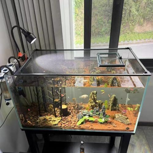 Adjustable Magnetic Fish Tank Lid Net Cover Max 27.5''x 55.1, Aquarium Anti Jumping Mesh Hood Cover with Feeding Window,Terrarium Lid Protect Reptiles from Escaping