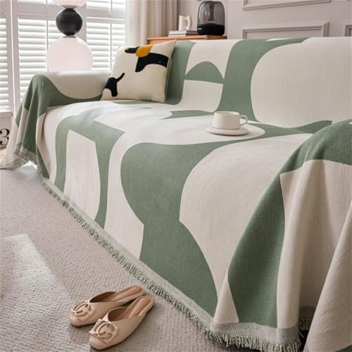 Morbuy Jeté de Canapé Grande Taille Antidérapant pour Canapés 1, 2, 3 ou 4 Places Housse de Canapé Réversible Lavable Serviette de Canapé avec Glands (180 * 150cm,Mode-Vert)