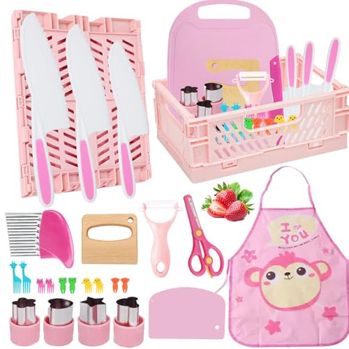 Kindermesser - 26 Teiliges Kinder Sicherheit Messer Set zum Kochen oder Schneiden von Obst Brot mit Schneidebrett, Kinderschere, Schäler und Brotausstecher etc - Perfektes Geburtstag für Kinder küchen