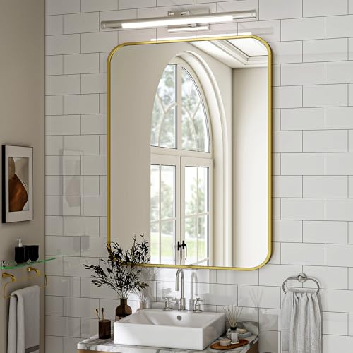 Koonmi Espejo de pared oro 75 x 100 cm Espejo de baño con esquina redonda, Morden Espejo de pared con marco de aleación de aluminio para pared montado horizontal o verticalmente, oro