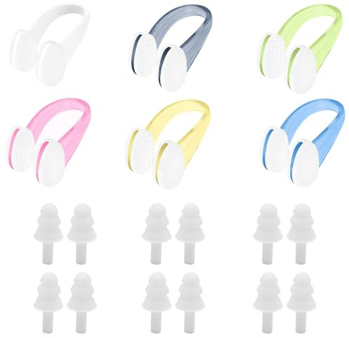 Czdtq 6 Pcs Nose Clips Swimming and 6 Pairs Swimming Ear Plugs,Nose Clip,Swimming Nose Clip Adult,Reusable Silicone Nose Clips Swimming,Suitable for Swimming,Diving,for Children,Adults
