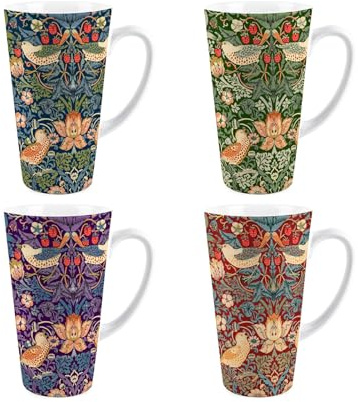 Purely Home Strawberry Thief Latte Mugs Set - William Morris Gifts - Tall Ceramic Tea/Coffee Cups - Set of 4 Present