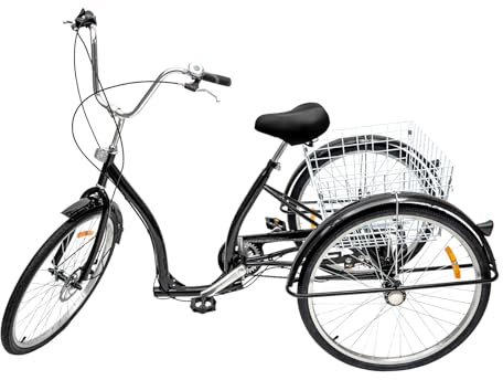 26 tums trehjuling cykel | 3 hjul justerbara vuxna cyklar | 6-växlad seniorcykel med shoppingkorg | maximal lastkapacitet för säten 120 kg | trehjulig cykel för utomhusaktiviteter (svart)