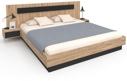 IDMarket - Cama doble Santa con cabecera + mesitas de noche integradas y somier de 180 x 200 cm, madera y negro