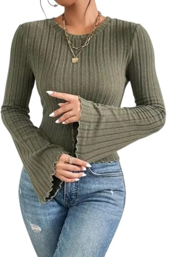Sukiglam Jersey Mujer Manga Larga Acampanada Casual Cuello Redondo Camiseta Básico Ligero Suéter Corto Elegante Y2K Top Otoño Invierno Pullover Ajustable Suave Camisas Mode Blusa para Fiesta y Diario