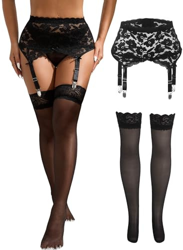 ohyeahlady Reggicalze Donna Hot Completo Con Calze Nylon Autoreggenti Taglie Forti Calze Per Reggicalze Donna Hot Completino Intimo Set di Lingerie L-XXL,Nero+Calze