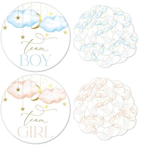 50 Pcs Moon Stars Gender Reveal Badges Button Pins Twinkle Twinkle Little Star Team Boy or Girl Pins He or She Gender Reveal Decorations Pin Badge for Baby Shower Party Favor Game Supplies, 1.7 In (50, Moon Stars)