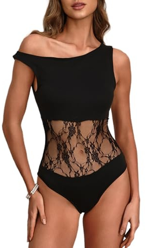 AGECODE Women's Sexy Off The Shoulder Bodysuit Sleeveless Cut Out Lace Body Suits Leotard Tank Tops Black Medium