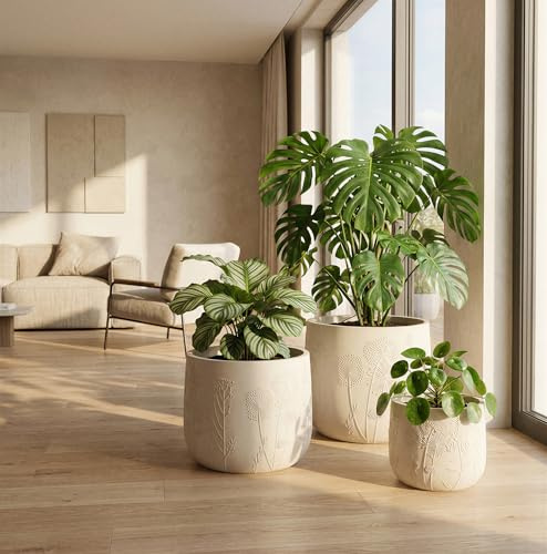 NATINDESIGN Blumentopf Set 3er – Pflanzkübel mit floralem Relief – Modernes Pflanzgefäß in Creme – Übertopf groß, mittel & klein – Blumentöpfe für Wohnzimmer, Balkon & Terrasse