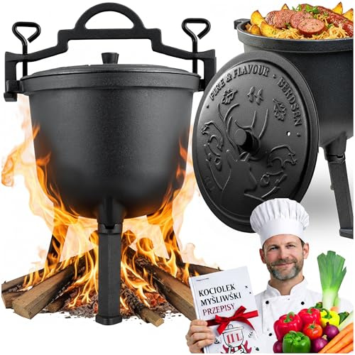 Berdsen Pentola in ghisa da 11 l olandese – pentola per fuoco e barbecue – cottura uniforme – con 3 gambe e ganci – incluso ricettario – nero