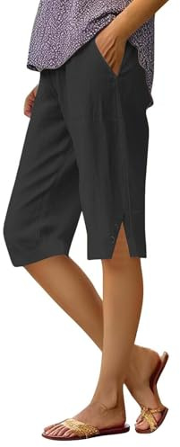 Pantaloni Corti Lino Donna Estivi , Pantaloncini Donna Cotone Leggero Vita Alta Elastico Bermuda al Ginocchio Curvy Shorts Eleganti Pantaloncini Larghi Spiaggia con Coulisse e Tasche per Sport Mare