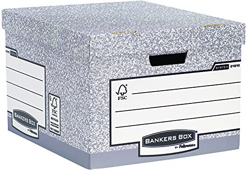 BANKERS BOX 10 Large System Storage Box with Lids - Cardboard Storage Box with Lids for Office Storage - Archive Boxes with Handles - W38 x H28.7 x D43cm (Pack of 10) - Grey
