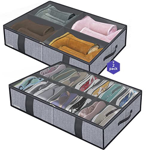 homyfort Sac De Rangement pour Chaussures de Grande Capacité avec Fenêtre Transparente, Organiseur à Chaussures pour Rangement 14 + 4 Compartiments, Boîte de Rangement sous le Lit, Lin Gris, XDUBS14S4