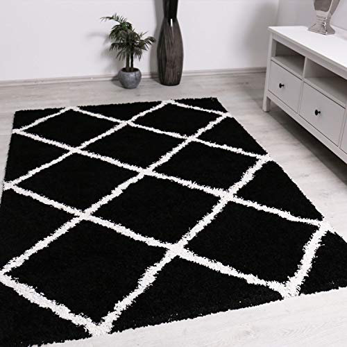 VIMODA Shaggy Teppich Rauten Design Schwarz Creme Modern Wohnzimmer, Maße:160x220 cm