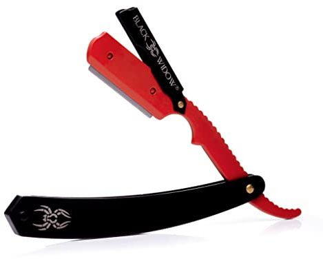 Black Widow Professional Barber Straight Edge Razor – Stainless Steel Shavette, 1.5 mm Blade Exposure, Matte Black & Red, 10 Double Edge Blades (20 Single-Edge) for Lineups & Beard Shaping