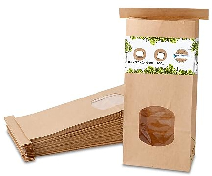 Bolsas de papel biodegradables con fondo plano tamaño M con ventana y cierre clip 400 unidades I bolsas de papel kraft con ventana y revestimiento PLA I bolsas para galletas, té, etc