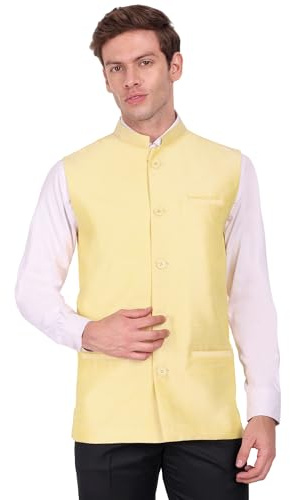 SKAVIJ Homme Indien Polyester Nehru Jacket Casual et festif Gilet (Medium,Beige)