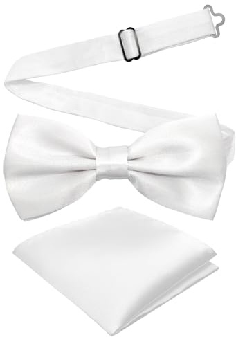 Cretty-Meet Adjustable Bowtie and Pocket Square Set Men Bowtie and Handkerchief Solid Color Double Fold Pre-Tied Bow Tie for Dinners, Weddings, Parties, Business, Proms - White