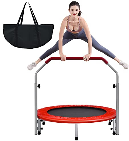 GYMAX 40 Mini Fitness Trampoline, Foldable Exercise Rebounder with 4-level Adjustable Foam Handrail, Indoor/Outdoor Gym Trampolines for Kids Adults (Red+Black)